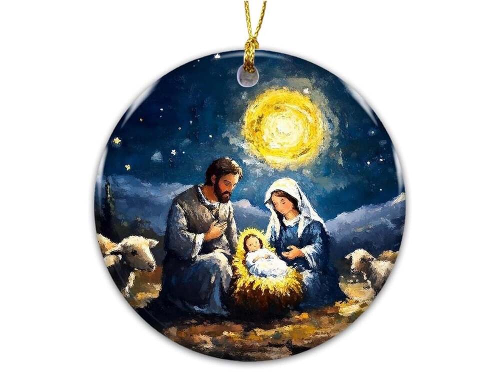 Holy Family Nativity Ceramic Christmas Ornament Starry Night